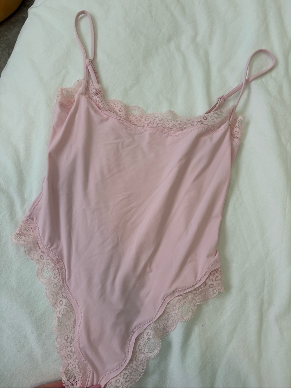 White Fox Boutique Blush Pink Lace-Trim Camisole Bodysuit